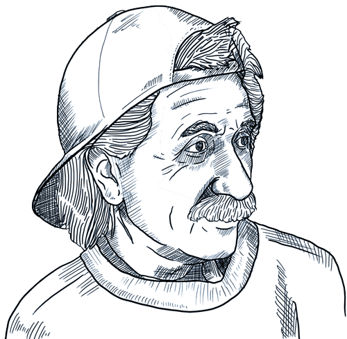 Albert Einstein wearing a hat backward.