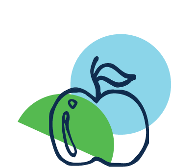 Outline of an apple against a blue circle and green half circle