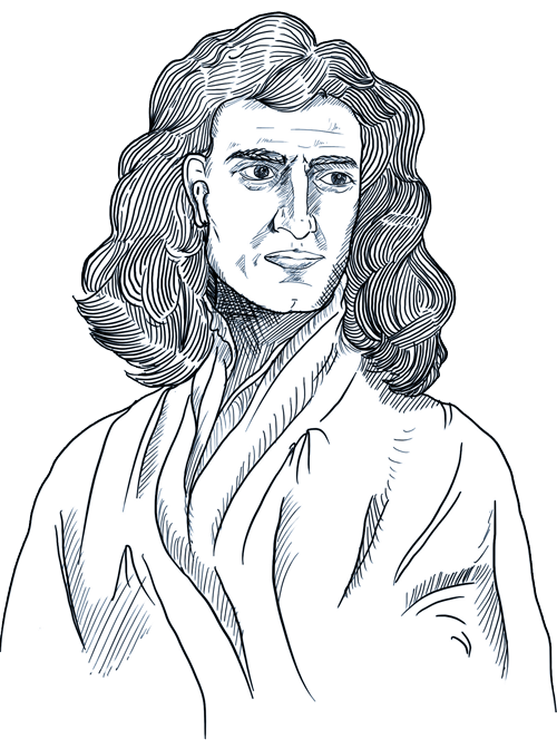 Sir Isaac Newton sketched in ink