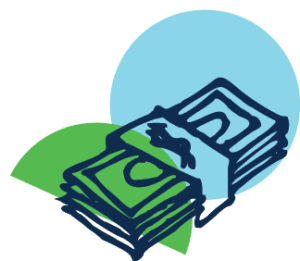 A sketch of dollar bills against an abstract blue and green background