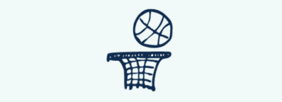 A sketch of a basketball and a basketball net in navy blue against a light blue background