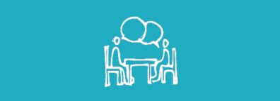 A sketch of two people in conversation with speech bubbles sitting at a table. The background is teal.